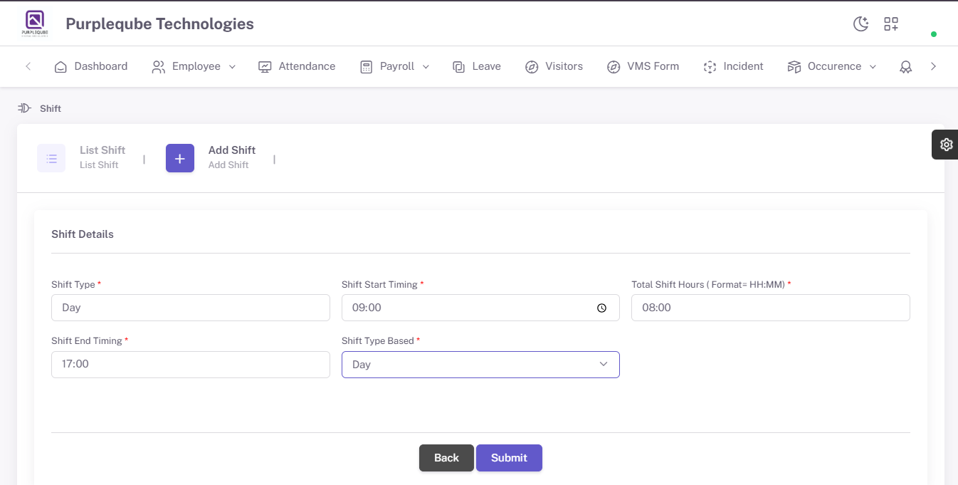 Add Shift form with Shift Type, Shift Start Timing, Total Shift Hours, Shift End Timing, and Shift Type Based fields